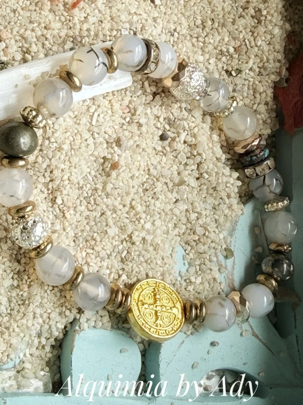SAINT BENEDICT White RUTILE and Gold Accent Stretch Bracelet